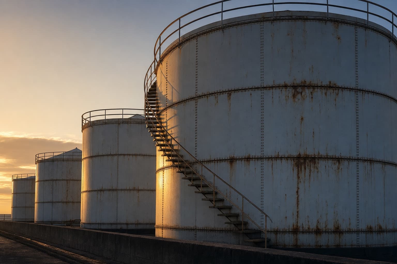 A row of welded steel aboveground storage tanks at dawn, low sun raking across the shell plates
