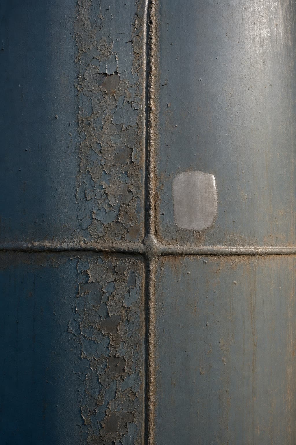 The shell of a steel tank close up, weld seams crossing and coating failure spreading from one