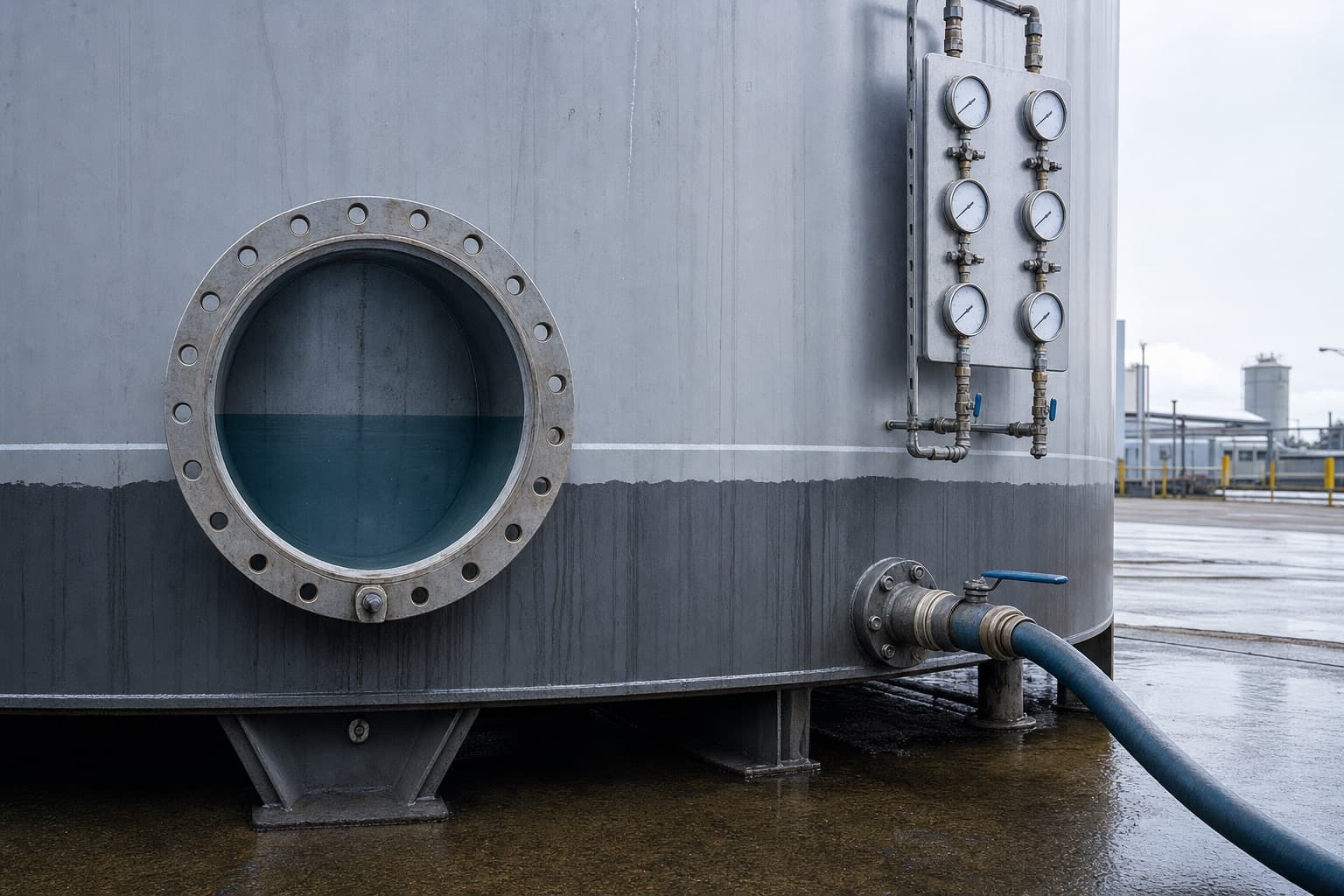 A hydrostatic test in progress, the water level visible through an open manway