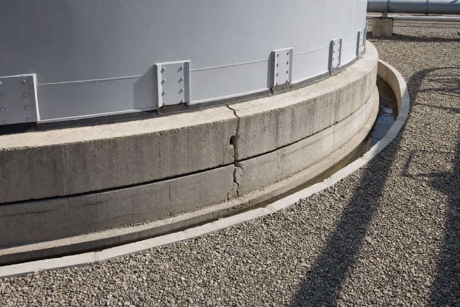 The concrete ringwall under a tank, with a settled section where the grout has cracked